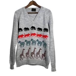 Vintage 80s Rhino V Neck Sweater Animal Theme Long Sleeve Gray - L